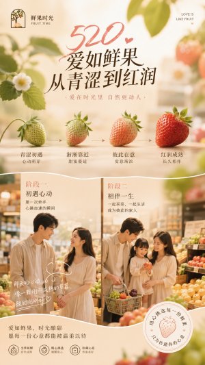用于水果店520祝福图。两个视角，第一视角是水果角度：水果从青涩到红润成熟，第二视角是恋人角度：恋人从第一次牵手到成为家人在水果店买水果，展示2个阶段，
在保证整体高级感的同时，保持清晰的顺序层级，不要做得廉价或过于电商化。尤其注意小字、数字、价格、信息模块以及中文排版美感。